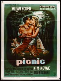 9e335 PICNIC French 1p R80s different art of William Holden & Kim Novak kissing by Jean Mascii!