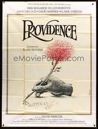 9e337 PROVIDENCE French 1p '77 Alain Resnais, cool art of hand writing w/tree pencil by Ferracci!