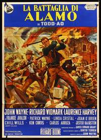 9e418 ALAMO Italian 1p '60 Brown art of John Wayne & Widmark in the War of Independence!