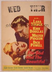 9e014 BAD & THE BEAUTIFUL WC '53 great c/u art of Kirk Douglas romancing sexy Lana Turner!