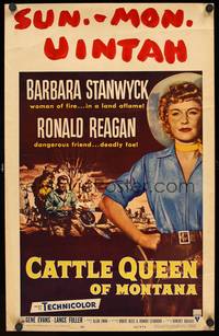 9e024 CATTLE QUEEN OF MONTANA WC '54 full-length cowgirl Barbara Stanwyck, Ronald Reagan