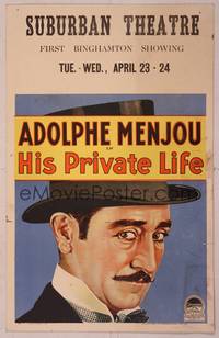 9e051 HIS PRIVATE LIFE WC '28 great close up art of dapper Adolphe Menjou wearing top hat!