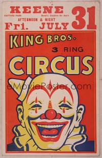 9e060 KING BROS. 3 RING CIRCUS WC '50s wonderful headshot artwork of laughing clown!