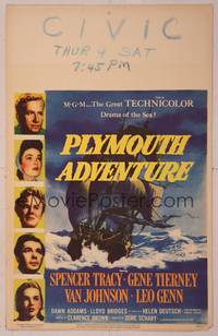 9e092 PLYMOUTH ADVENTURE WC '52 Spencer Tracy, Gene Tierney, cool art of ship at sea!