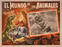 9f618 ANIMAL WORLD Mexican LC '56 great image of battling dinosaurs & art of erupting volcano!
