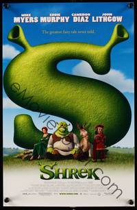 9f028 SHREK lot of 100 mini posters '01 great image of top cast sitting in front of giant S!
