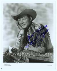 9g384 ROY ROGERS signed REPRO 8x10 still '80s great close up in cowboy outfit leaning on fence!