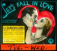 9h095 LET'S FALL IN LOVE glass slide '34 romantic close up of Edmund Lowe & Ann Sothern in heart!