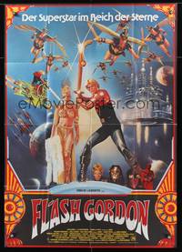 9j063 FLASH GORDON German 33x47 '81 different art of Sam Jones w/sword, Melody Anderson!