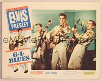 9k255 G.I. BLUES LC #5 '60 Elvis Presley in uniform performing on stage with two other men!