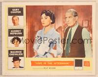 9k324 LOVE IN THE AFTERNOON LC '57 Billy Wilder, close up of Maurice Chevalier & Audrey Hepburn!