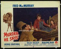 9k341 MURDER HE SAYS LC #8 '45 Fred MacMurray fights with Peter Whitney as Helen Walker watches!