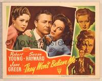 9k466 THEY WON'T BELIEVE ME LC #3 '47 posed publicity shot of Robert Young with Hayward & Greer!