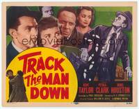9k128 TRACK THE MAN DOWN TC '55 cool art of detective Kent Taylor tracing footsteps!