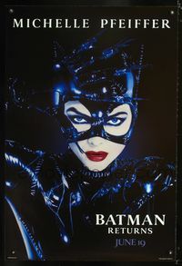 9m089 BATMAN RETURNS teaser 1sh '92 Michael Keaton, sexy Michelle Pfeiffer as Catwoman!