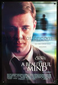 9m094 BEAUTIFUL MIND DS 1sh '01 Ron Howard directed, great close up image of Russell Crowe!