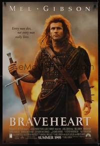 9m118 BRAVEHEART int'l advance 1sh '95 cool image of Mel Gibson as William Wallace!