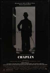 9m137 CHAPLIN DS 1sh '92 great silhouette image of Robert Downey Jr. as Charlie!