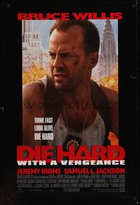 9m177 DIE HARD WITH A VENGEANCE style B DS 1sh '95 cool close-up of beaten cop Bruce Willis!