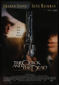 9m456 QUICK & THE DEAD 1sh '95 super close up of Sharon Stone with gun & Gene Hackman!