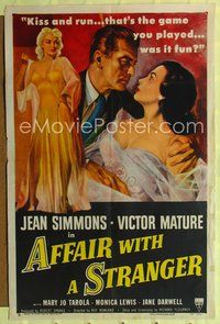 9p019 AFFAIR WITH A STRANGER 1sh '53 great artwork of Jean Simmons, Victor Mature & sexy bad girl!