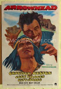 9p050 ARROWHEAD 1sh '53 art of Charlton Heston fighting Native American Jack Palance!