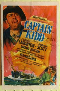 9p137 CAPTAIN KIDD 1sh '45 cool artwork of pirate Charles Laughton & his ship!