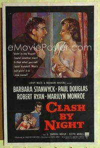 9p153 CLASH BY NIGHT 1sh '52 Fritz Lang, Barbara Stanwyck, Douglas, Ryan, Marilyn Monroe shown!
