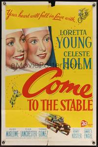 9p164 COME TO THE STABLE 1sh '49 close up art of nuns Loretta Young & Celeste Holm!