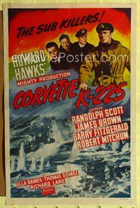 9p172 CORVETTE K-225 1sh R52 Randolph Scott, cool art of WWII Navy battle, the sub killers!