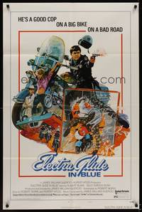 9p218 ELECTRA GLIDE IN BLUE style B 1sh '73 cool art of motorcycle cop Robert Blake!