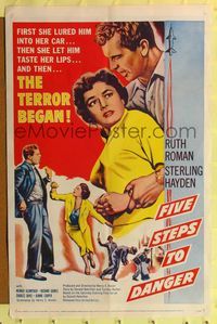 9p244 FIVE STEPS TO DANGER 1sh '57 great artwork of Sterling Hayden handcuffed to Ruth Roman!