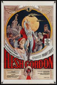 9p250 FLESH GORDON 1sh '74 sexy sci-fi spoof, wacky erotic super hero art by George Barr!