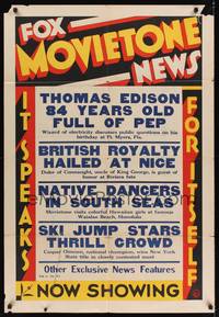 9p268 FOX MOVIETONE NEWS 1sh '31 newsreel, Thomas Edison, British Royalty & ski jumpers!