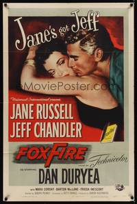 9p269 FOXFIRE 1sh '55 close up artwork of sexy Jane Russell, Jeff Chandler!