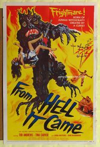 9p272 FROM HELL IT CAME 1sh '57 classic image of wacky tree monster holding sexy girl!