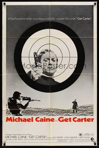 9p291 GET CARTER style B 1sh '71 great image of Michael Caine holding pistol in assassin's scope!