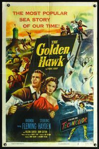 9p302 GOLDEN HAWK style A 1sh '52 art of pretty Rhonda Fleming & swashbuckling Sterling Hayden!