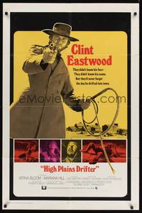 9p335 HIGH PLAINS DRIFTER int'l 1sh '73 classic art of Clint Eastwood holding gun & whip!