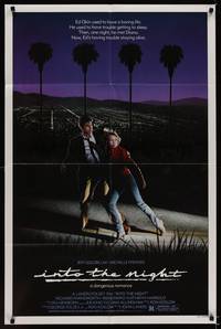 9p358 INTO THE NIGHT 1sh '85 cool image of Jeff Goldblum & Michelle Pfeiffer on the run!