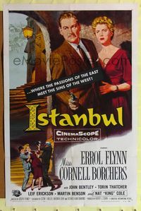 9p362 ISTANBUL 1sh '57 Errol Flynn & Cornell Borchers in Turkey, the city of a thousand secrets!