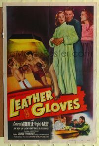 9p414 LEATHER GLOVES 1sh '48 boxing Cameron Mitchell takes a swing, holds Virginia Grey!