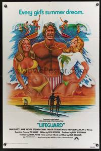 9p423 LIFEGUARD 1sh '76 artwork of barechested Sam Elliot with sexy beach babes by Roger Huyssen!