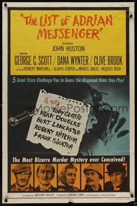 9p426 LIST OF ADRIAN MESSENGER 1sh '63 John Huston directs five heavily disguised great stars!