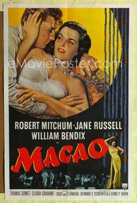 9p457 MACAO 1sh '52 Josef von Sternberg, best art of Robert Mitchum & sexy Jane Russell!