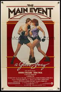 9p464 MAIN EVENT 1sh '79 great full-length image of Barbra Streisand boxing with Ryan O'Neal!