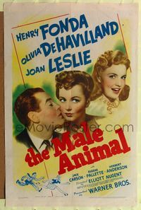 9p466 MALE ANIMAL 1sh '42 art of Henry Fonda with pretty Olivia de Havilland & Joan Leslie!
