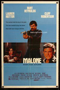 9p467 MALONE 1sh '87 Burt Reynolds is ex-cop, ex-CIA, ex-plosive, Lauren Hutton, Cliff Robertson!