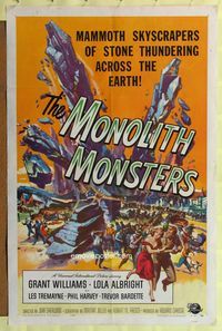 9p513 MONOLITH MONSTERS 1sh '57 classic Reynold Brown sci-fi art of living skyscrapers!
