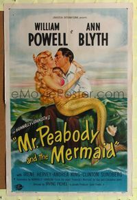 9p514 MR. PEABODY & THE MERMAID 1sh '48 romantic art of William Powell & mermaid Ann Blyth!